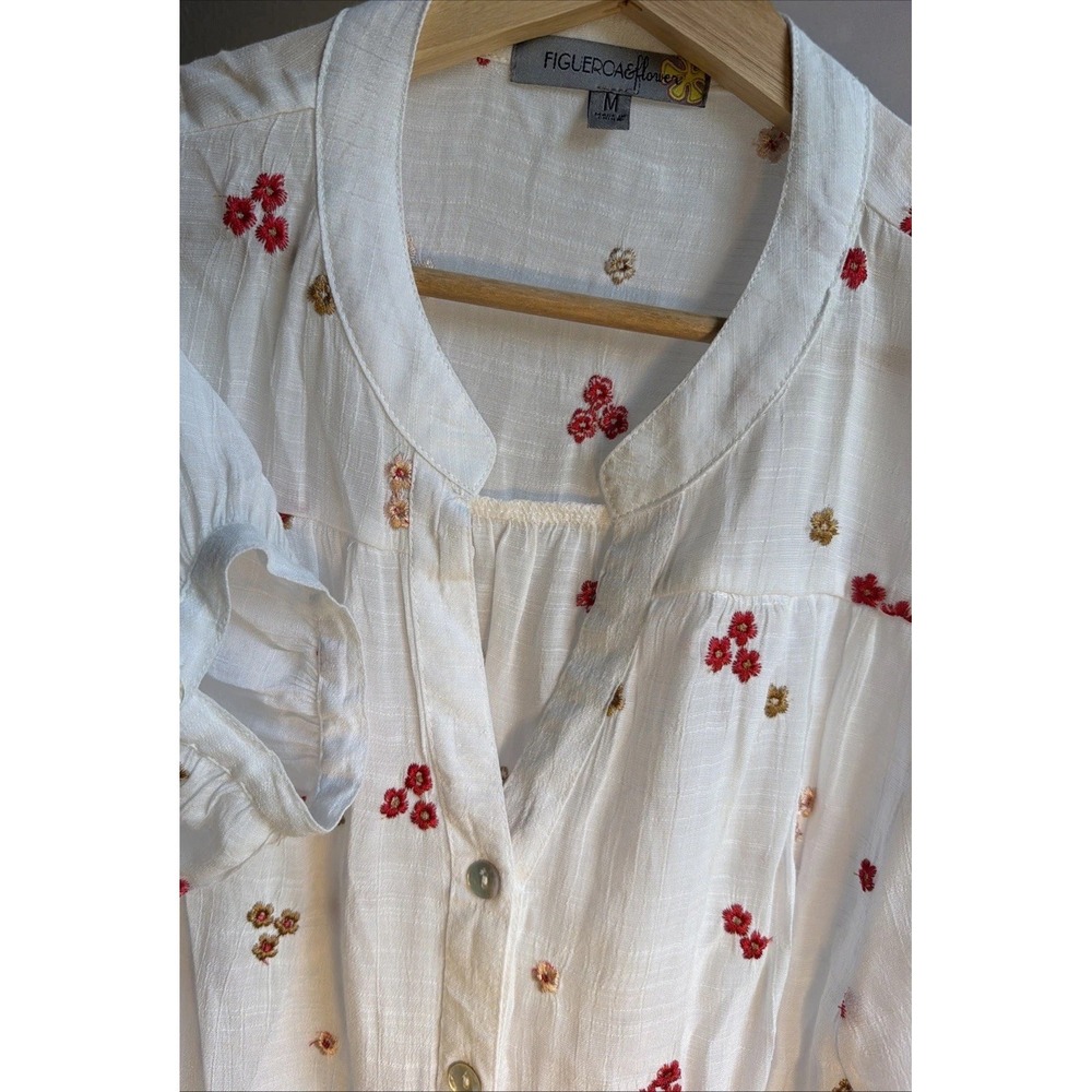 NWOT Figueroa & Flower Gauzy White Floral Embroidered Boho Blouse - Size M